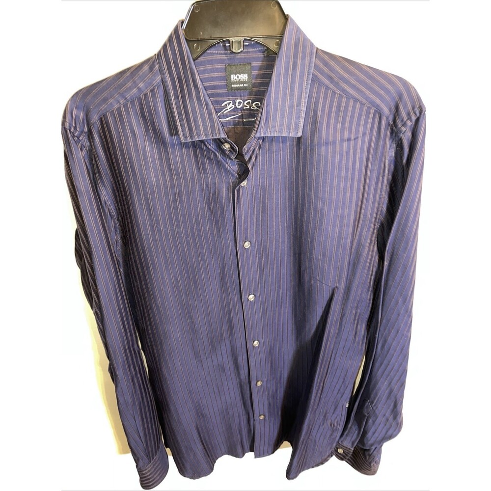 Boss Hugo Boss Dress Shirt Men’s Size Medium Blue Striped Button Up Long Sleeve